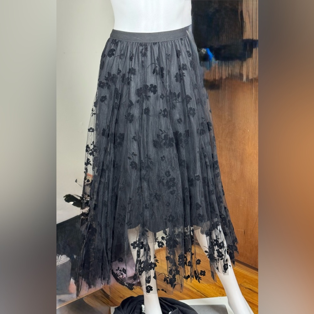 Black Tulle Floral Midi Boutique Skirt One Size